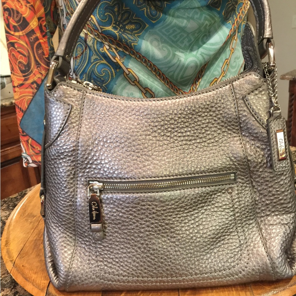 🪩COLE HAAN SILVER LEATHER BAG SATCHEL TOTE